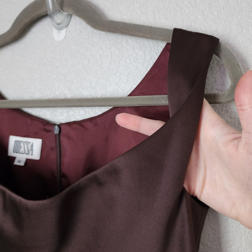 ODESSA Satin column Maxi Dress Brown Square‎ Neck Minimal 90s Formal 6 - Picture 7 of 11